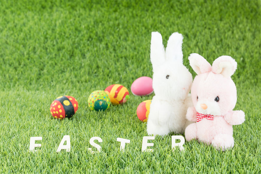 Easter bunny toy and Easter eggs with text on green grass